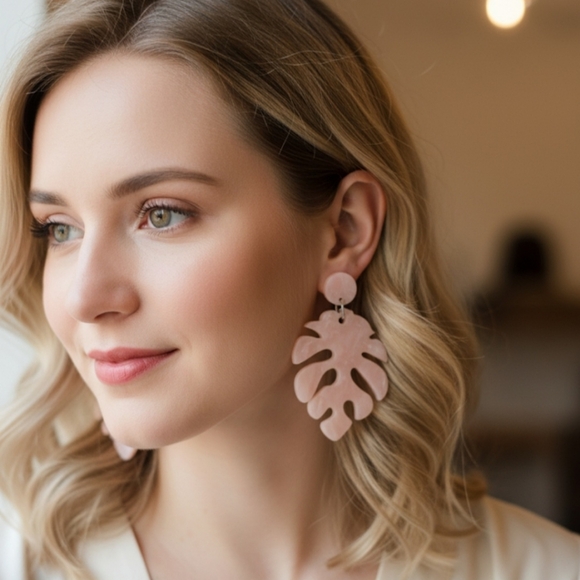 Handmade Jewelry - Pale Pink Monstera Leaf Earrings, Marbled Acrylic Dangle Earrings. 6 Cm